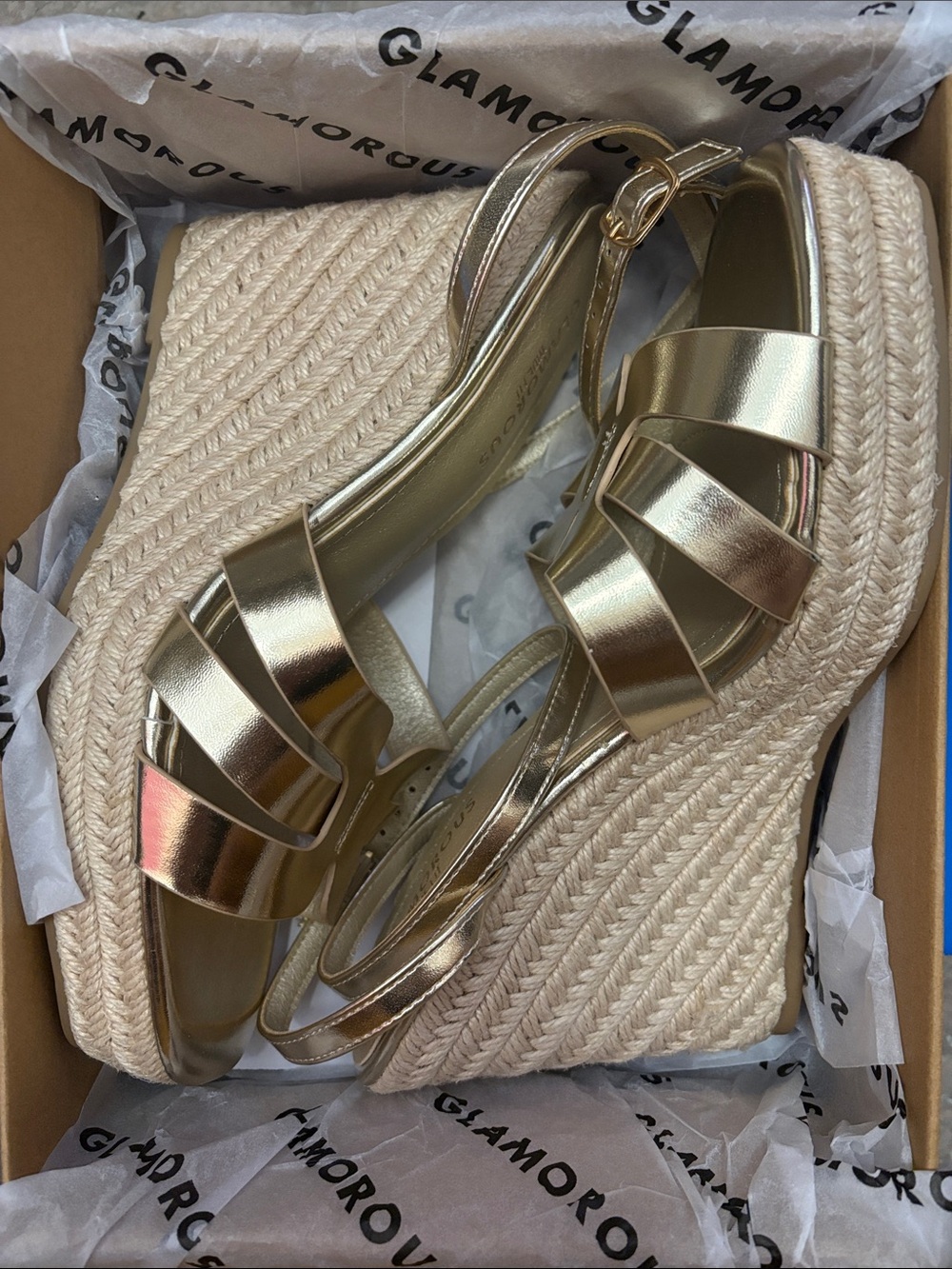 Glamorous Metallic Gold Espadrille Wedge Sandals